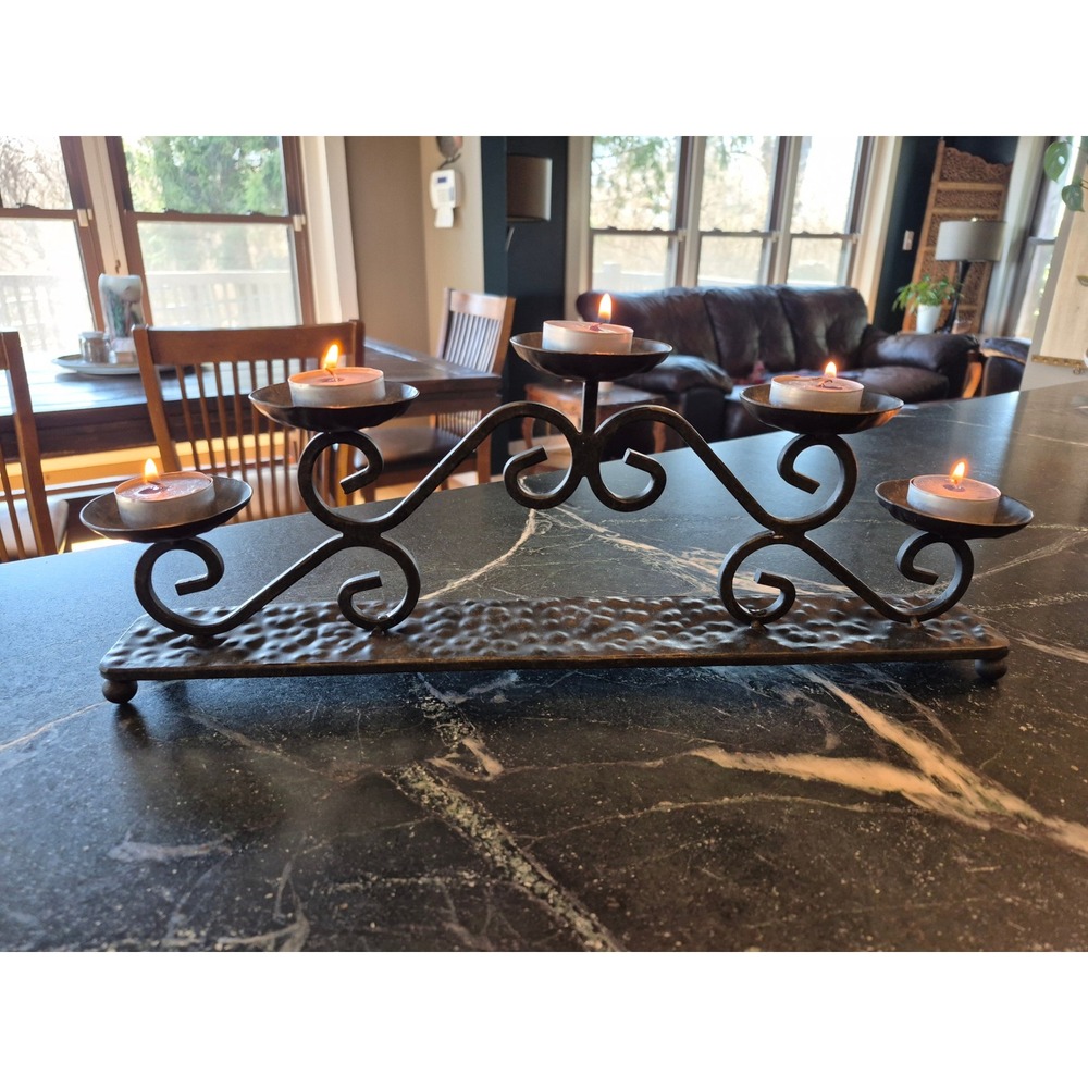 Wrought Iron 5 Cup Tea Light Candelabra Hammered Metal Scroll Centerpiece Black